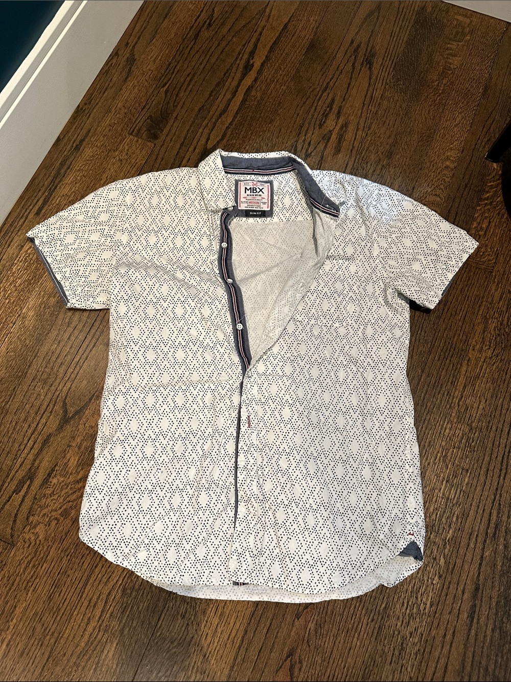 MBX White Short-Sleeve Button-Down Shirt with Navy Trim
